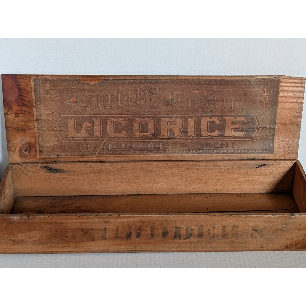 Antique Scudder's Elastic Licorice Spanish Tubes 1 Cent Wooden Candy Box